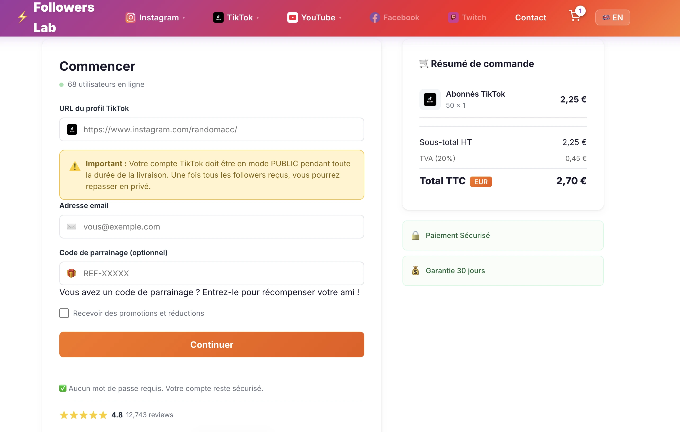 Proceso de compra de seguidores TikTok en Followers Lab - checkout seguro